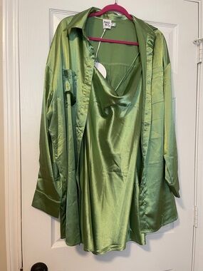 NWT Satin Green Slip Dress & Matching Shirt Set